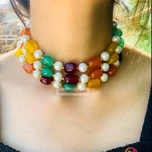 Handcrafted Colorful Stones and Pearls Choker Necklace Beaded Choker Necklace - Picture 6 of 10